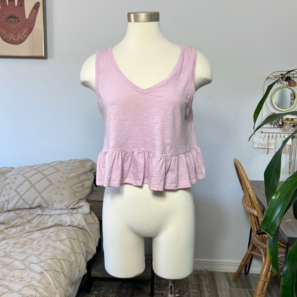 Light lilac, ruffle, crop top tank with raw hem 100% cotton